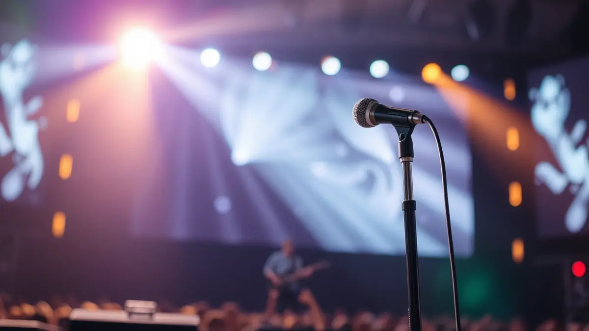 Generic image of a concert stage with lights and a large screen.