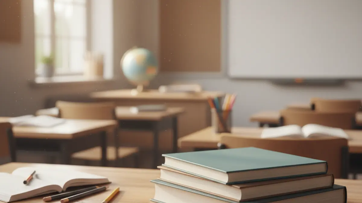 Imatge genèrica de llibres de text en una aula, simbolitzant l'educació.