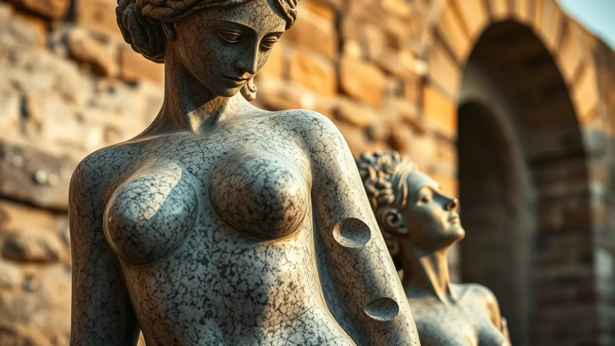 Stone sculpture with abstract female forms, bronze, and gold leaf, exhibited in a castle.