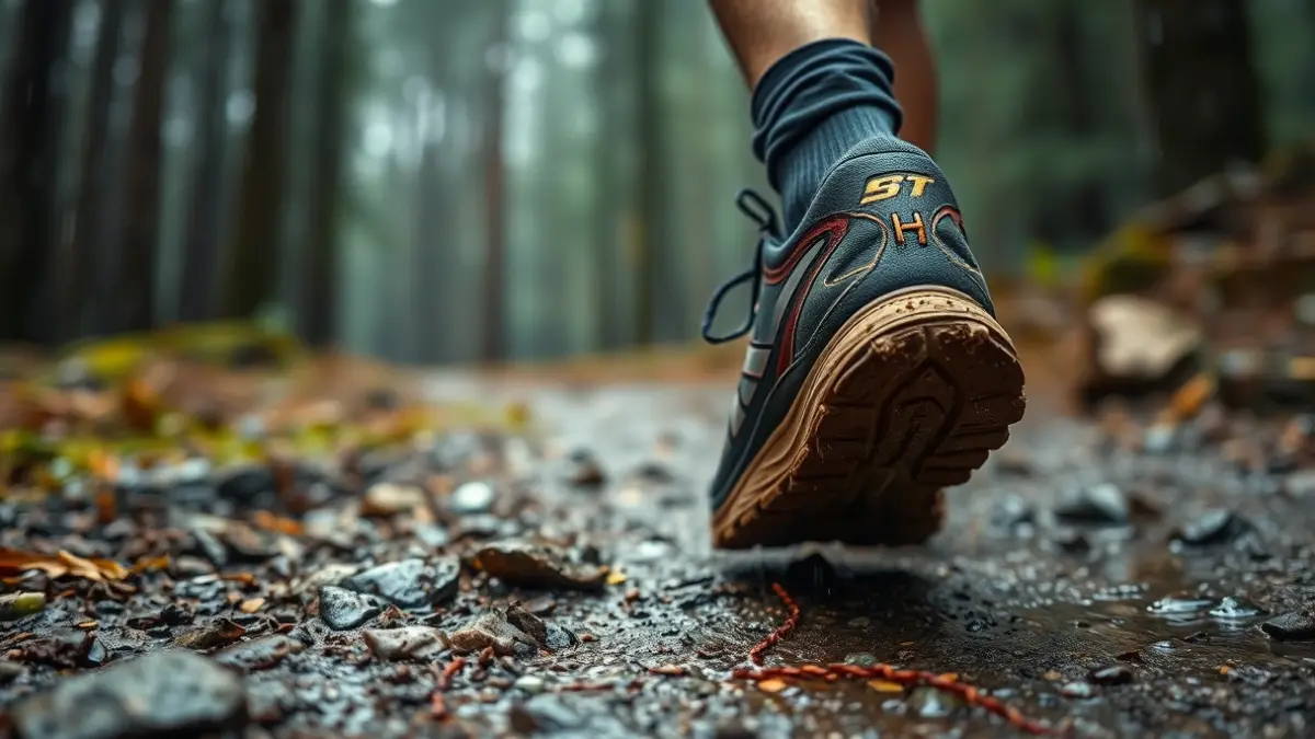 Imatge genèrica d'una sabatilla de trail running en un camí fangós i plujós.