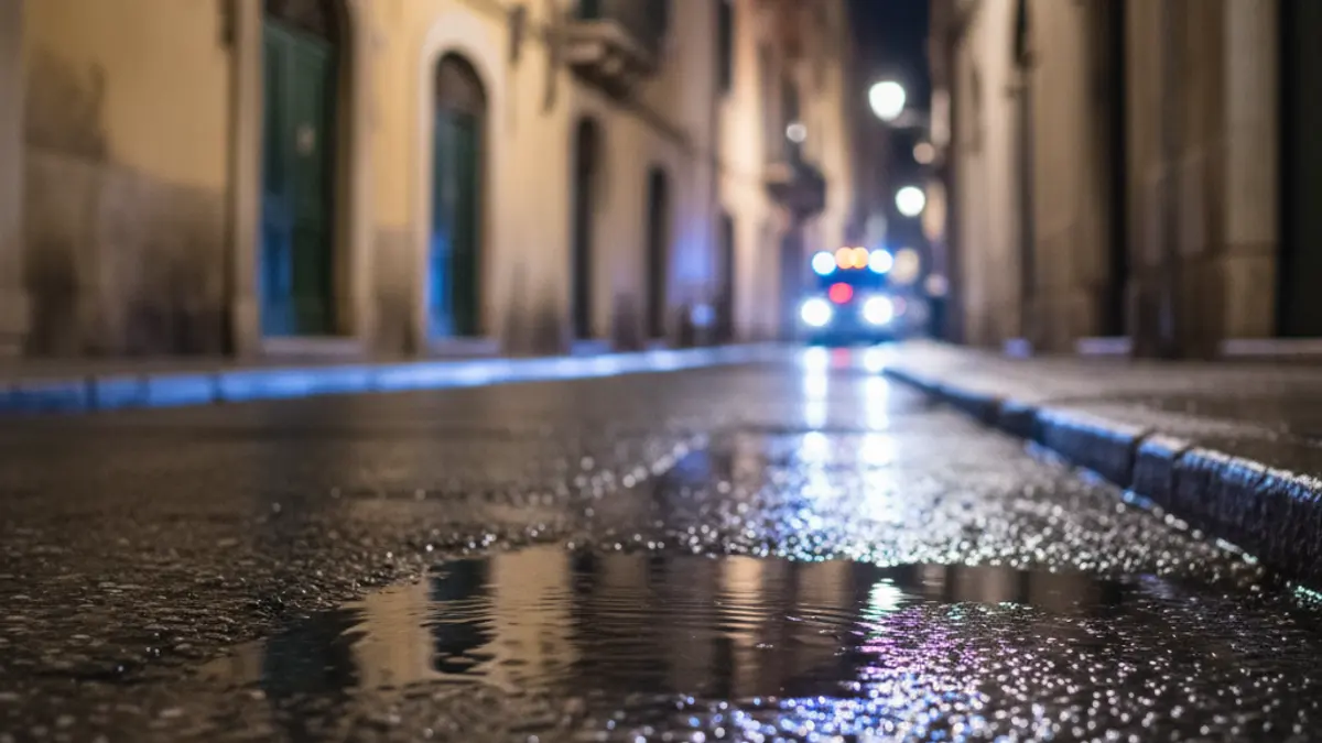 Generic image of emergency lights reflecting on wet asphalt in a narrow street.