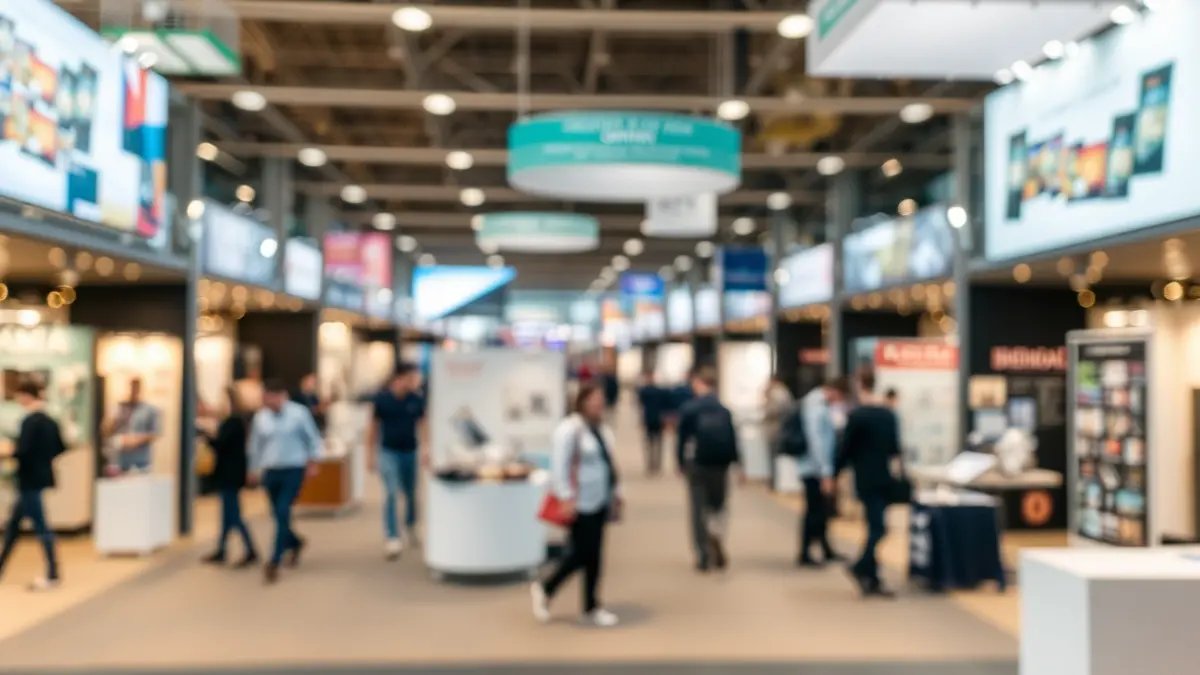 Generic image of a trade fair venue with stands and visitors.