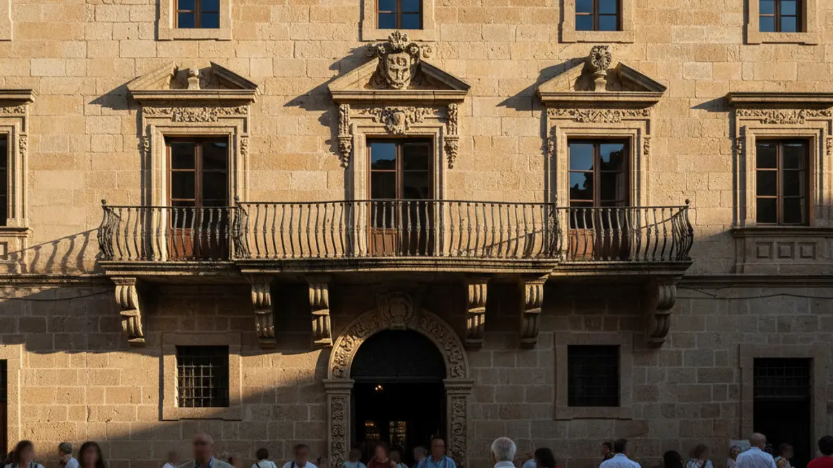 Facade of Falset town hall with balcony and iron railings, under the afternoon sunlight.