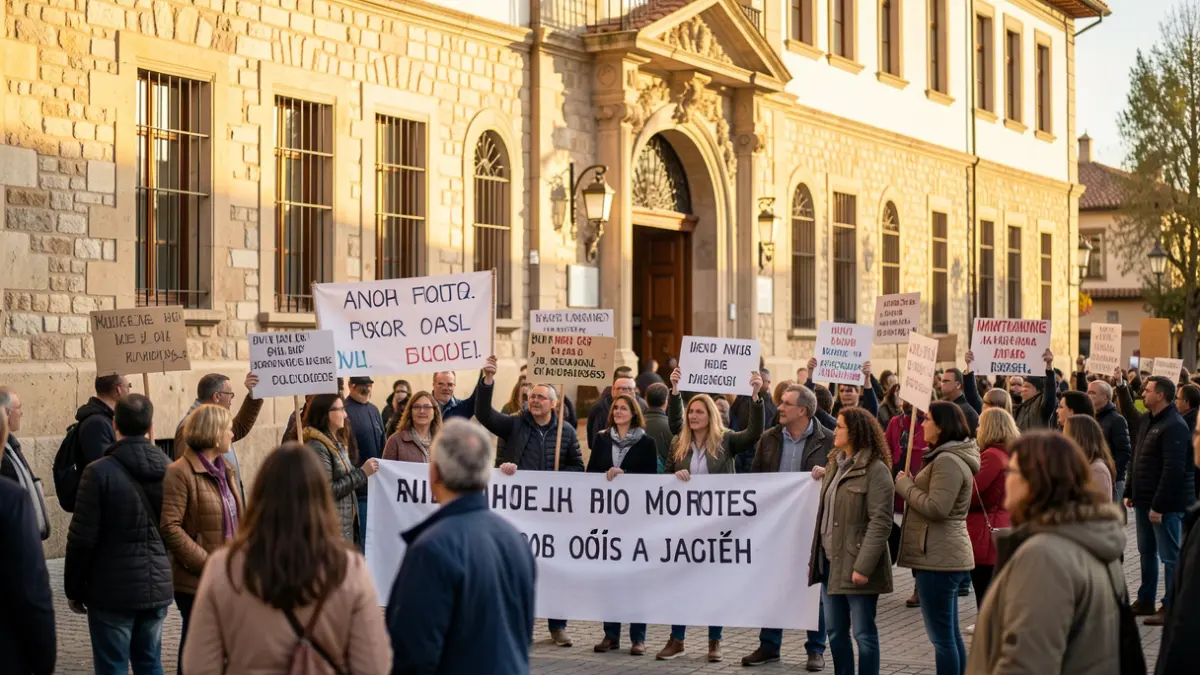 Imatge genèrica de pares i professors protestant davant una escola.