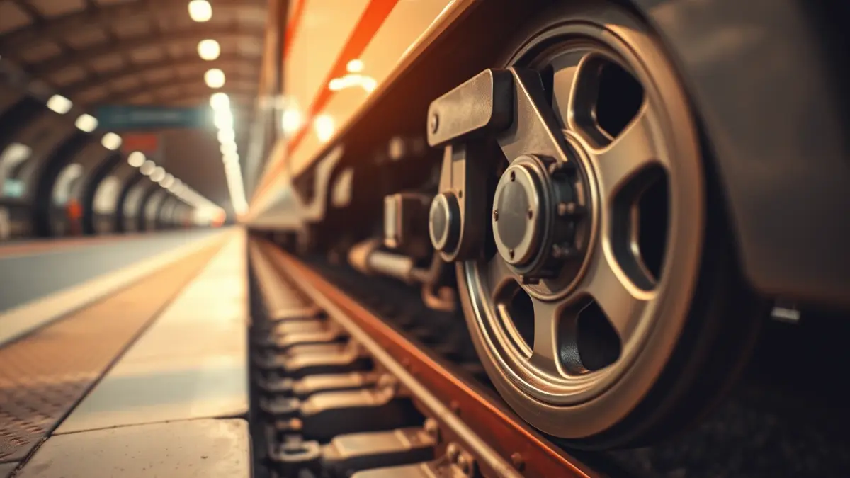 Generic image of a train wheel on a track at a station.