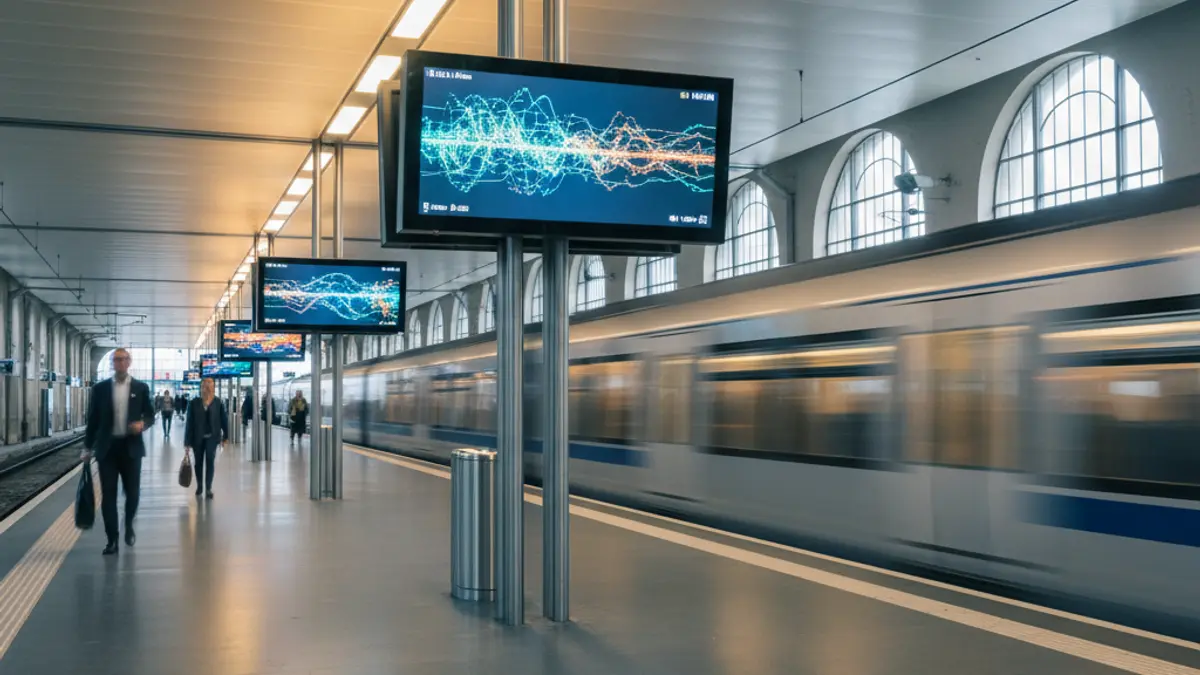 Imatge genèrica d'una estació de tren moderna amb pantalles d'informació.