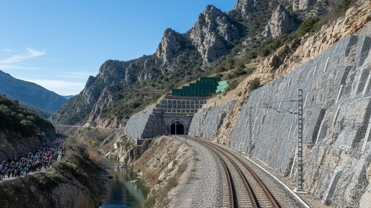 Vies de tren amb barreres de protecció en un paisatge muntanyós català