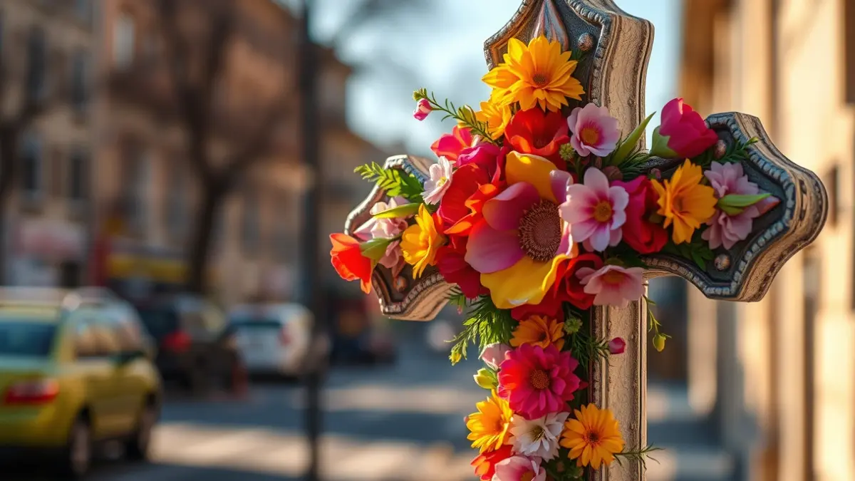 Image of a floral cross decorated with vibrant colorful flowers.