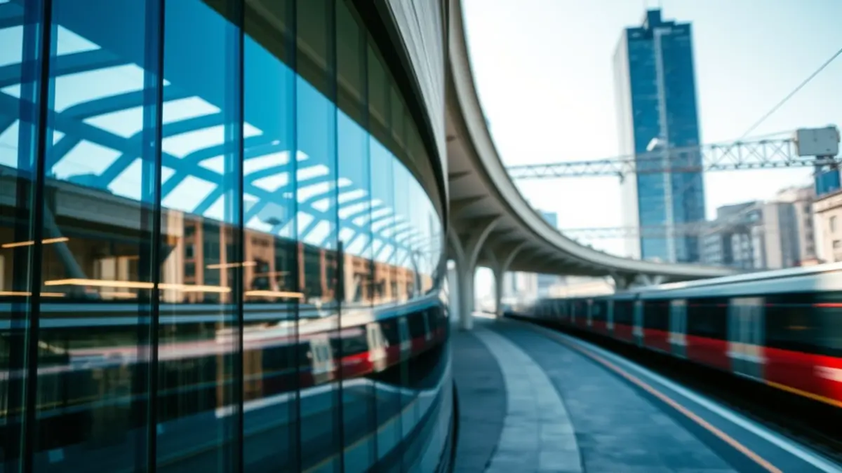 Image of a modern train station with glass and steel elements