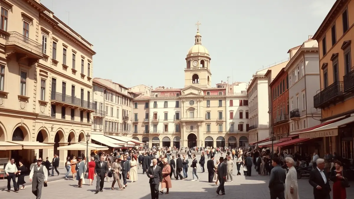 Imatge d'una plaça de Figueres durant la postguerra, amb edificis antics i gent passejant.