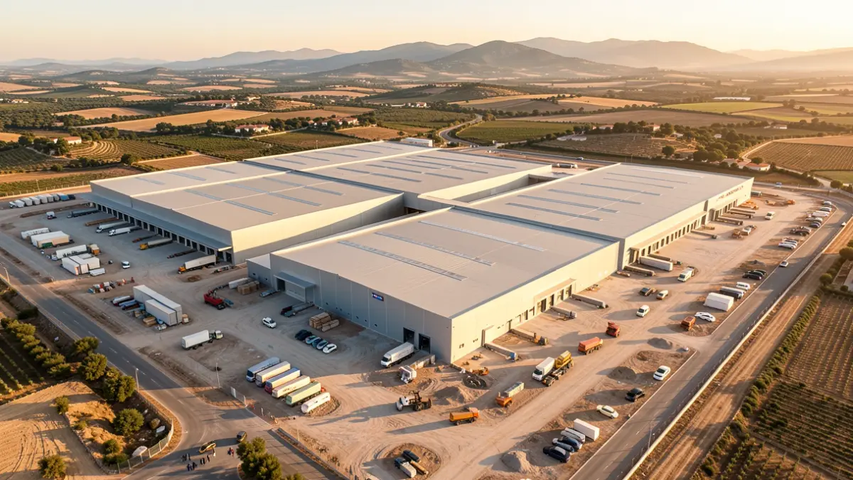 Aerial view of a large, modern logistics platform under construction in a Mediterranean landscape.