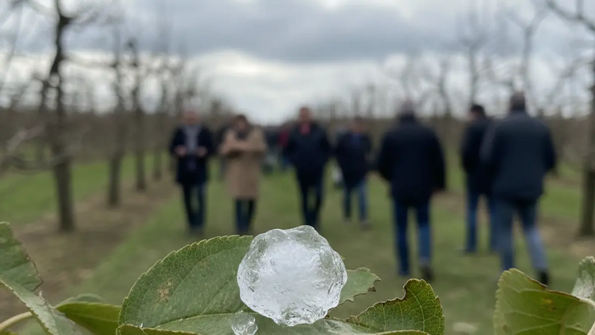 Hailstone on a damaged fruit tree leaf.