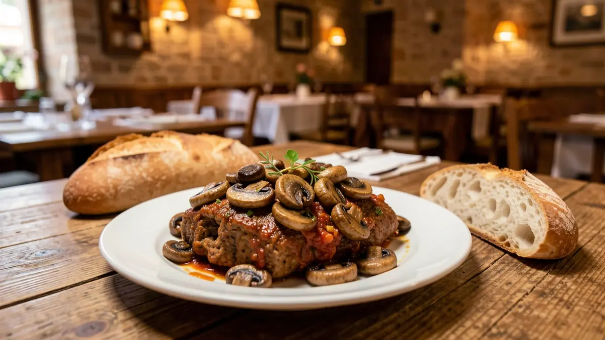 Plato de fricandó tradicional catalán servido en una mesa de restaurante.