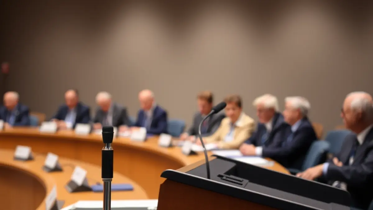 Generic image of a microphone on a podium, symbolizing a political debate.