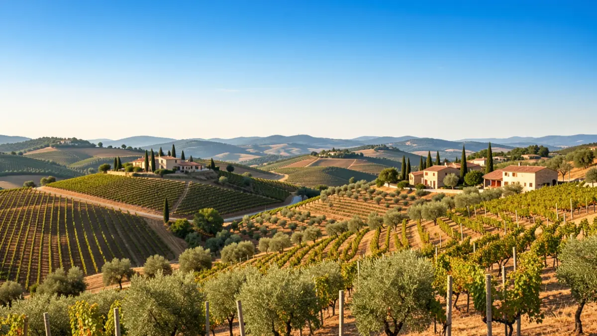 Generic image of the Terra Alta landscape with vineyards and olive groves.