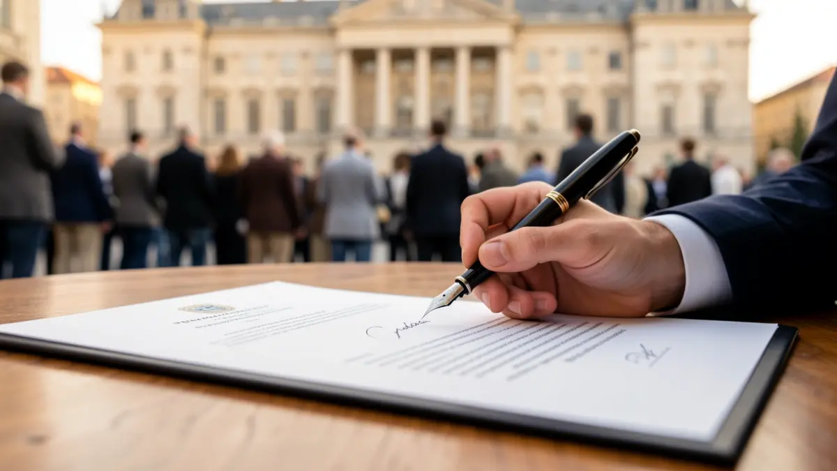 Representació d'una signatura d'acords institucionals en un entorn formal.