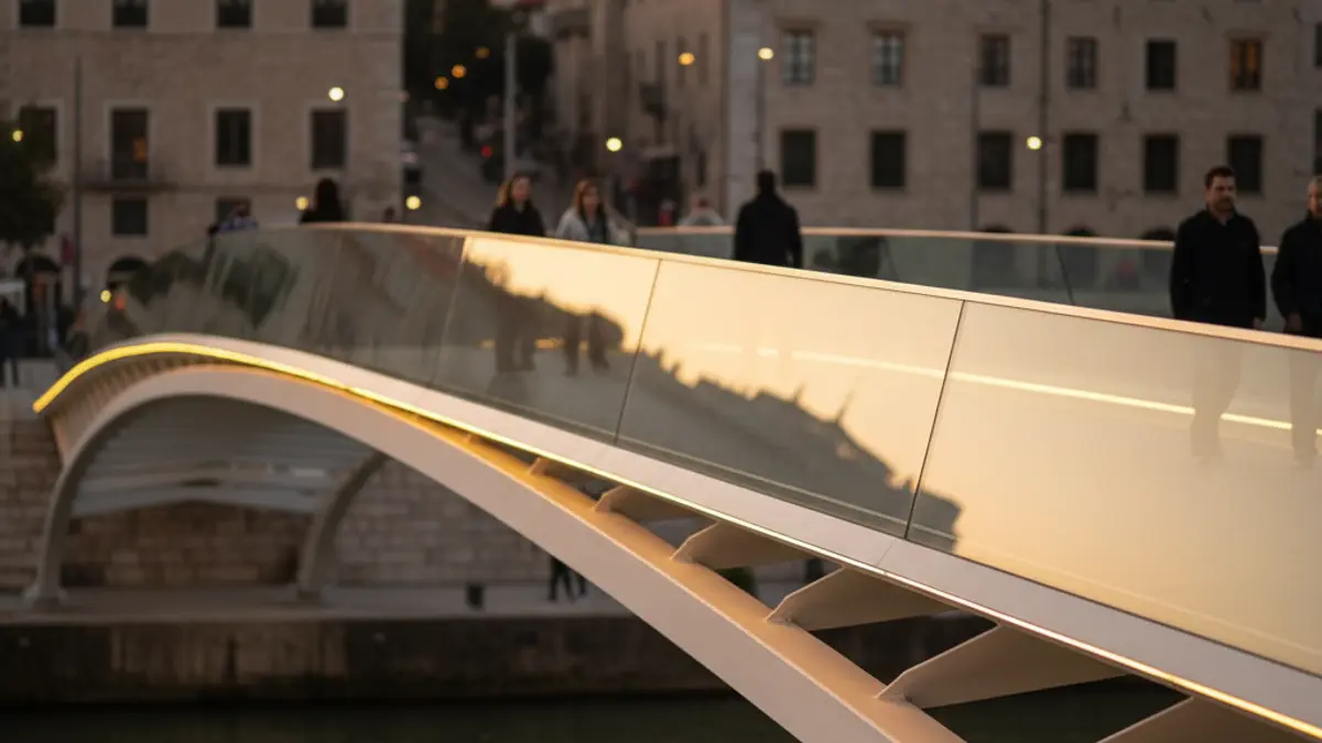 Image of a modern pedestrian bridge with integrated lighting.