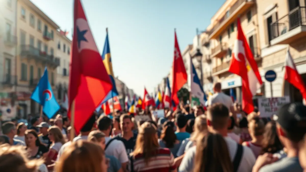 Imagen genérica de una manifestación con una multitud borrosa y pancartas.