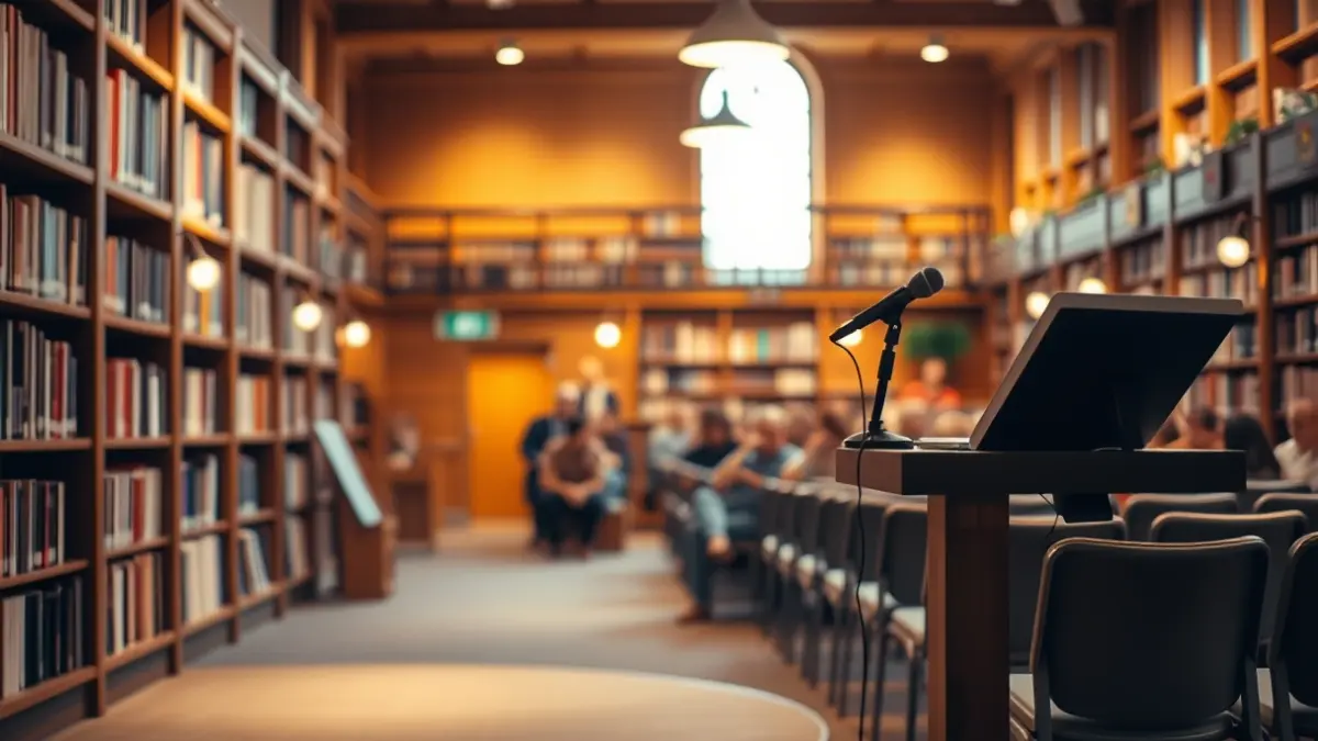 Generic image of an exhibition or conference hall with warm lighting.