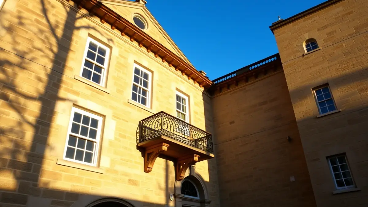 Fachada del Ayuntamiento de Girona con balcones de hierro forjado bajo la luz del sol.