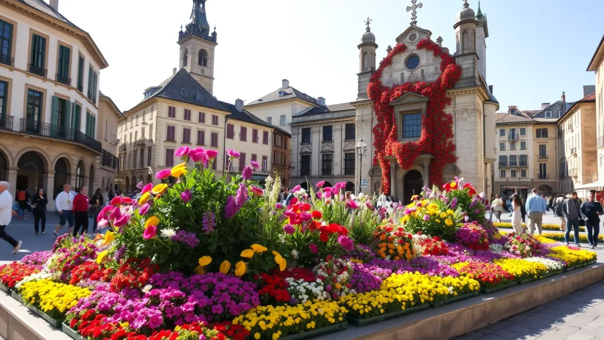 Instal·lació floral en un espai històric de Girona durant el Temps de Flors.