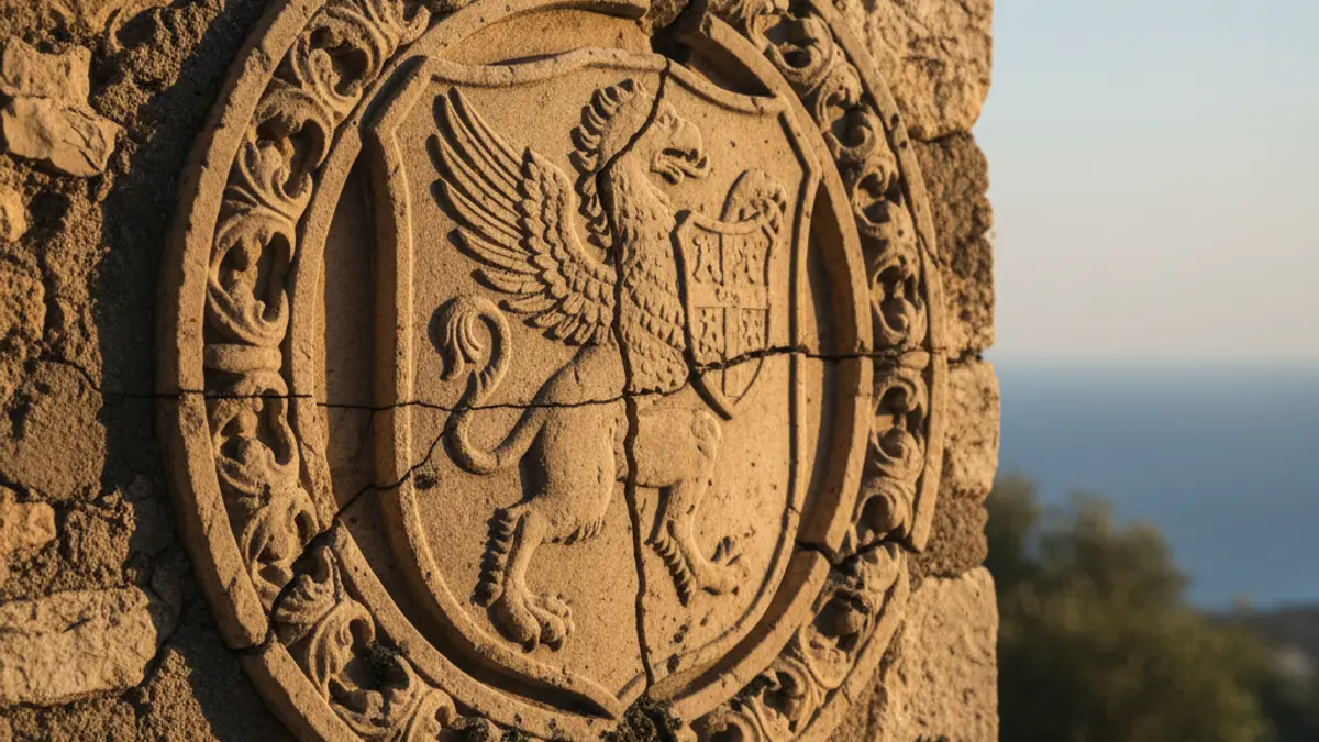 Escut heràldic de pedra amb signes de degradació a la Torre Gironella de Girona.