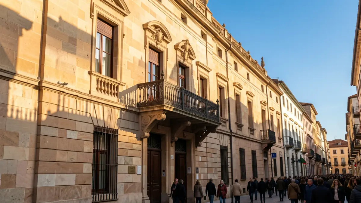 Generic image of a municipal building with a balcony and afternoon light.