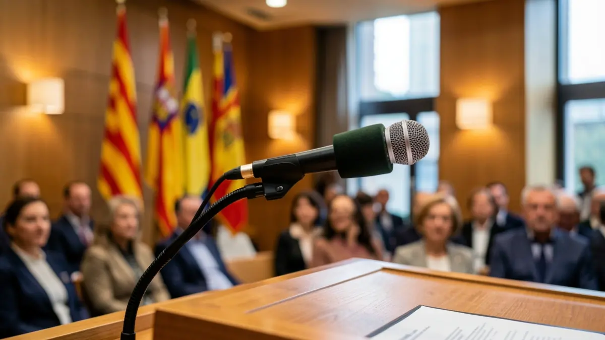 Imatge genèrica d'un micròfon en un faristol amb banderes catalanes desenfocades.