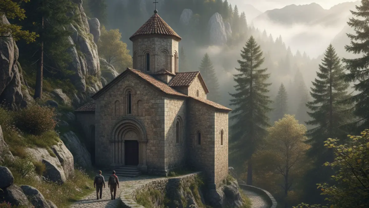 Image of a Marian sanctuary in a mountainous setting, with soft light and a reflective atmosphere.