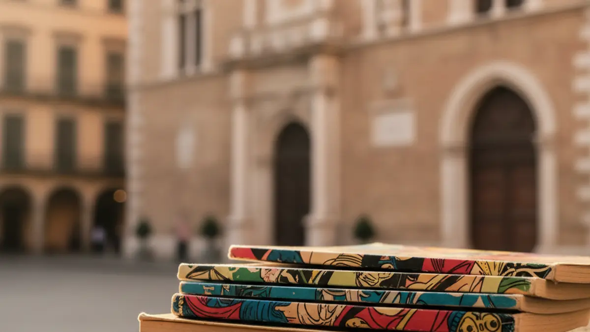 Image of a stack of comic books with a historic building in the background, symbolizing culture and memory.