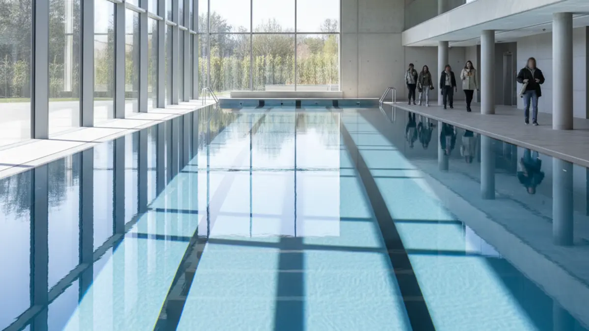 Imagen genérica de una piscina interior moderna con agua azul y luz natural.
