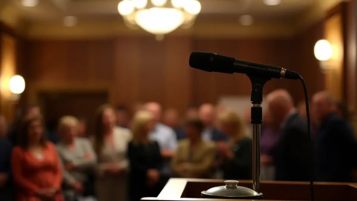 Generic image of a microphone on a podium, symbolizing a public talk or debate.