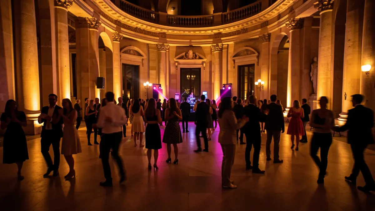 Generic image of the interior of a museum hall during a night event with electronic music.