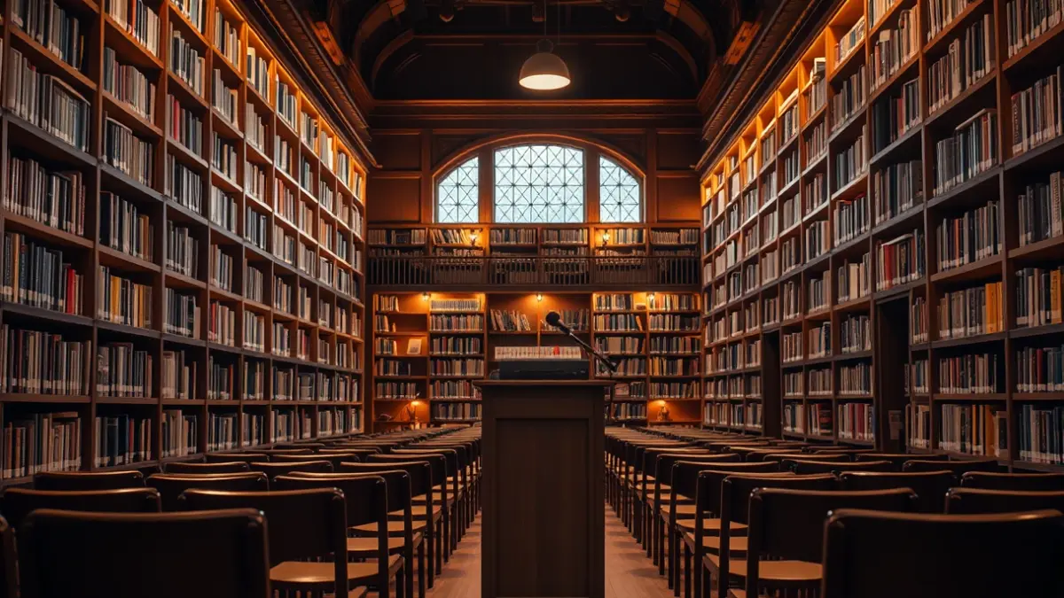 Generic image of a cultural space with books and a microphone