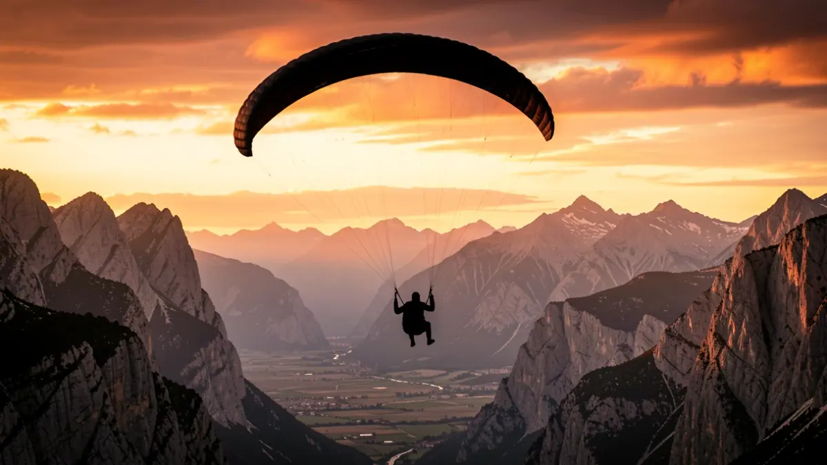 Home sobrevolant el Pirineu de Lleida amb parapent al capvespre.