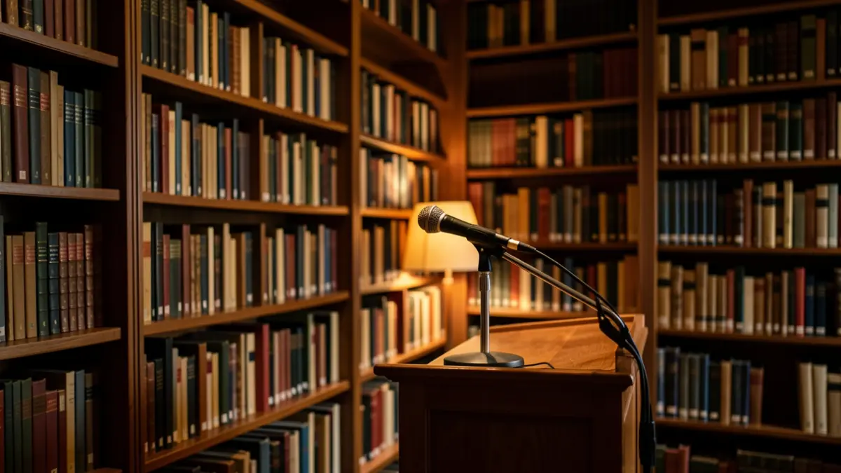 Imagen genérica de una biblioteca con libros y un micrófono.