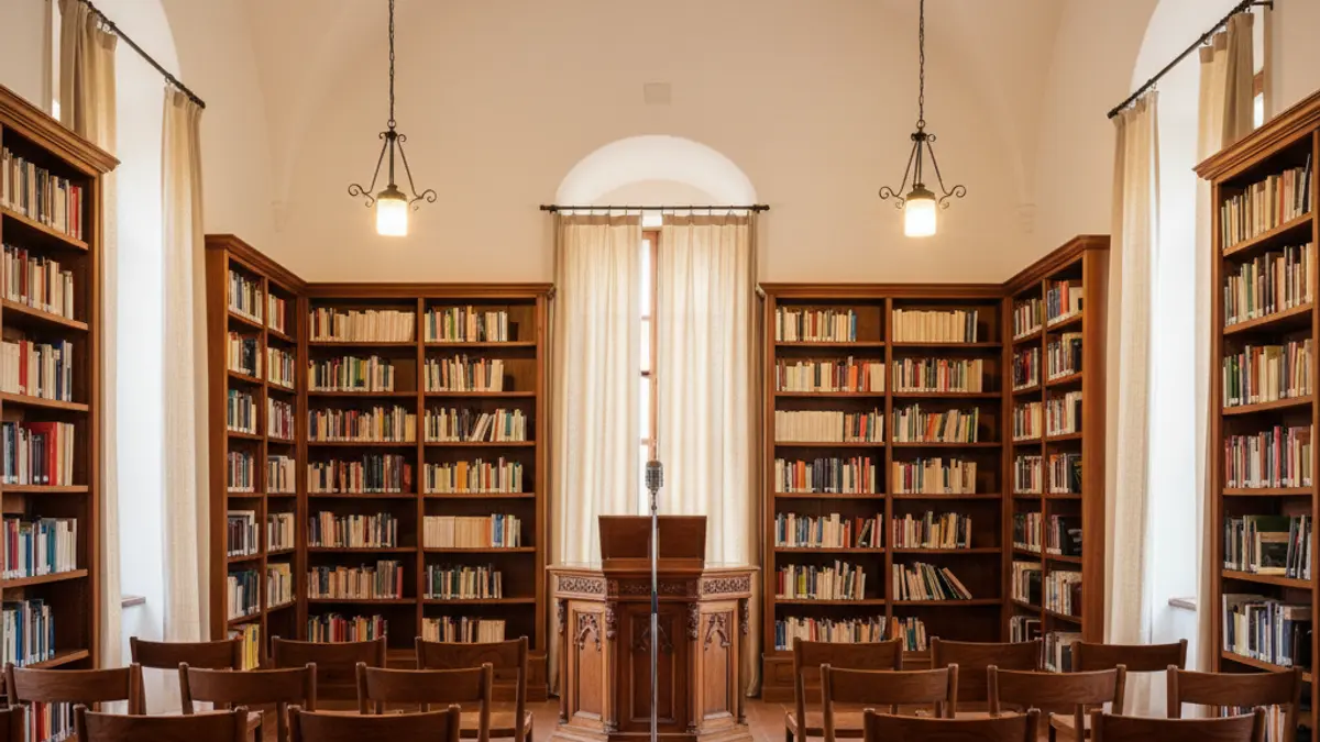 Generic image of a library with wooden bookshelves and a podium with a microphone, with warm lighting.