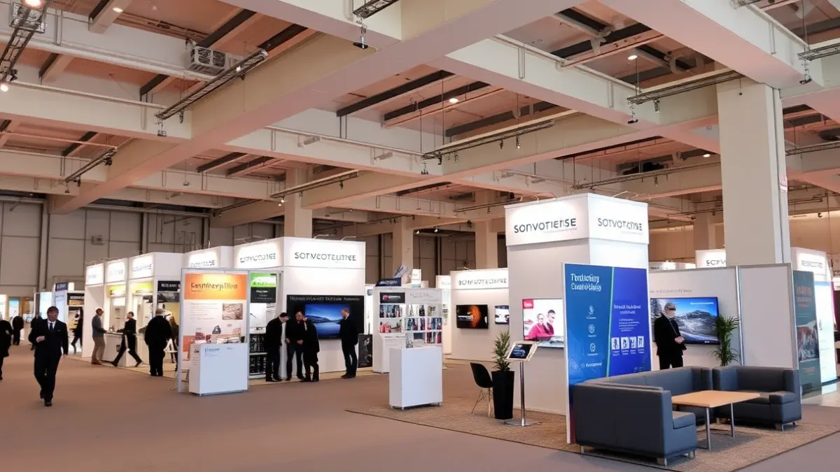 Imagen genérica de un espacio de exposición comercial con stands y zona de descanso.