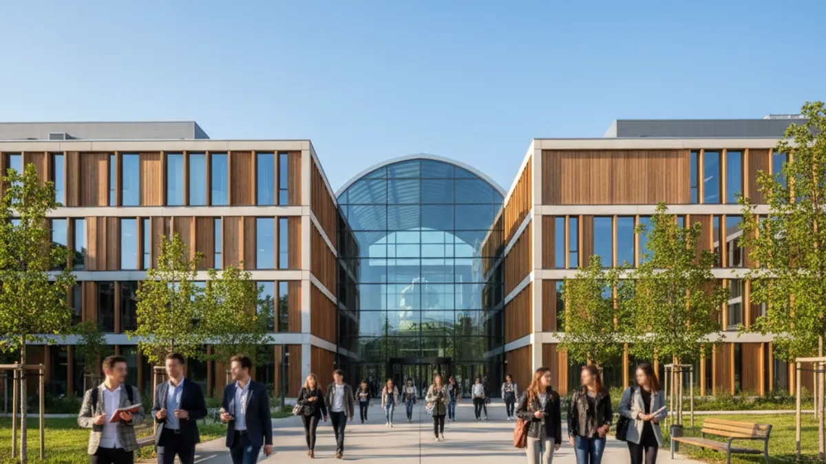 Imatge genèrica d'un edifici universitari modern amb estudiants