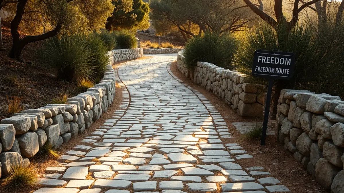 Señalización de una ruta histórica en un paisaje mediterráneo.