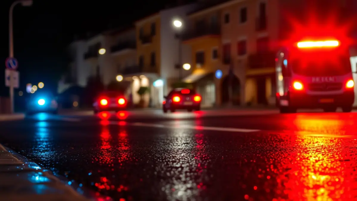 Generic image of emergency lights reflecting on wet asphalt at night.
