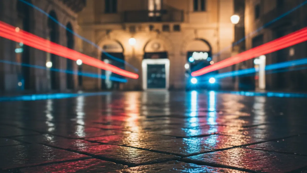 Generic image of emergency lights reflecting on wet asphalt.