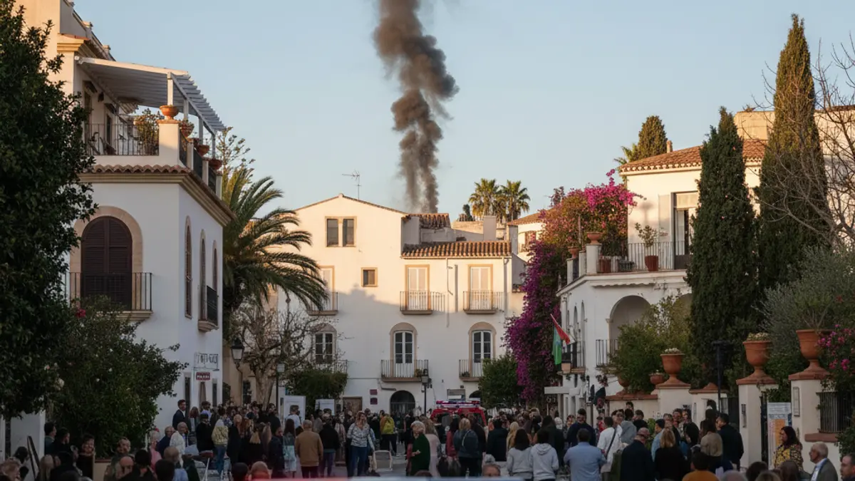 Imatge genèrica d'una columna de fum sobre un edifici residencial amb llums d'emergència borroses.