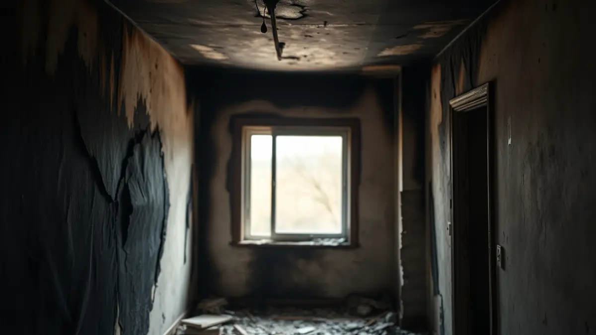 Image of a room damaged by fire with blackened walls.