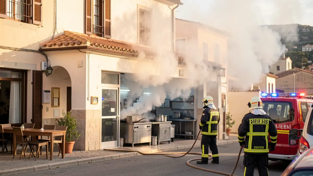 Generic image of a restaurant fire in Blanes with firefighters present.