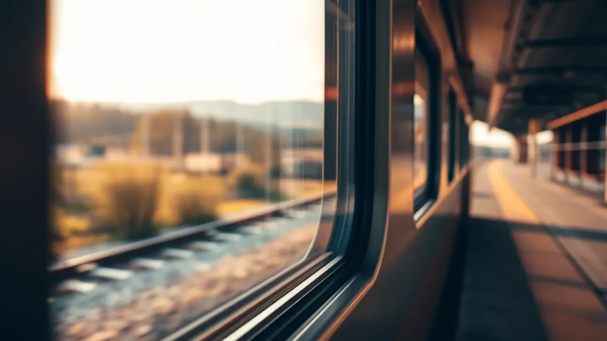 Generic image of a moving train, viewed from inside a carriage.