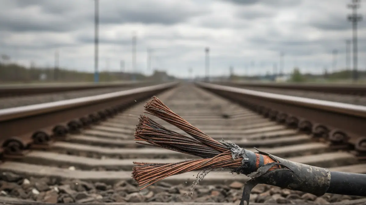 Cable de coure danyat sobre les vies del tren, amb les vies borroses al fons.