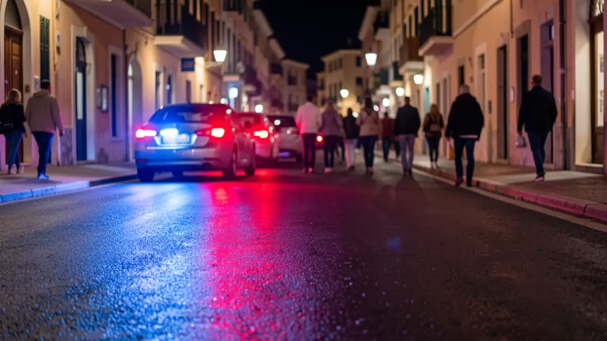 Generic image of police emergency lights reflecting on wet asphalt at night.