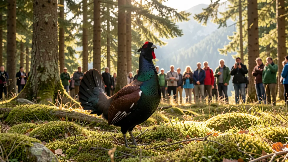 Imatge d'un gall fer mascle en un bosc d'alta muntanya dels Pirineus.