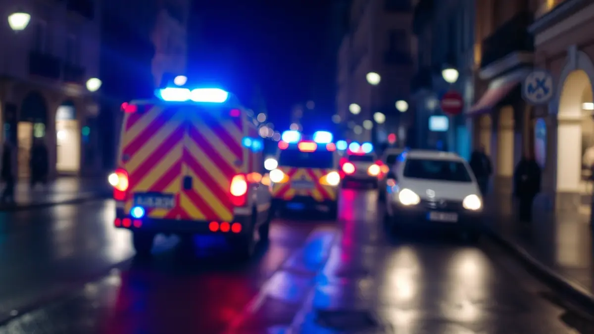 Imatge genèrica de llums d'emergència reflectint-se en un carrer mullat de nit.